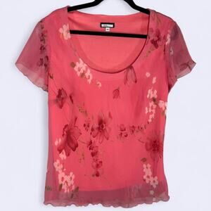 Y2K Blouse Sheer Floral Mesh – Size 14 - Romantic Fairycore Top Lettuce Hem Pink
